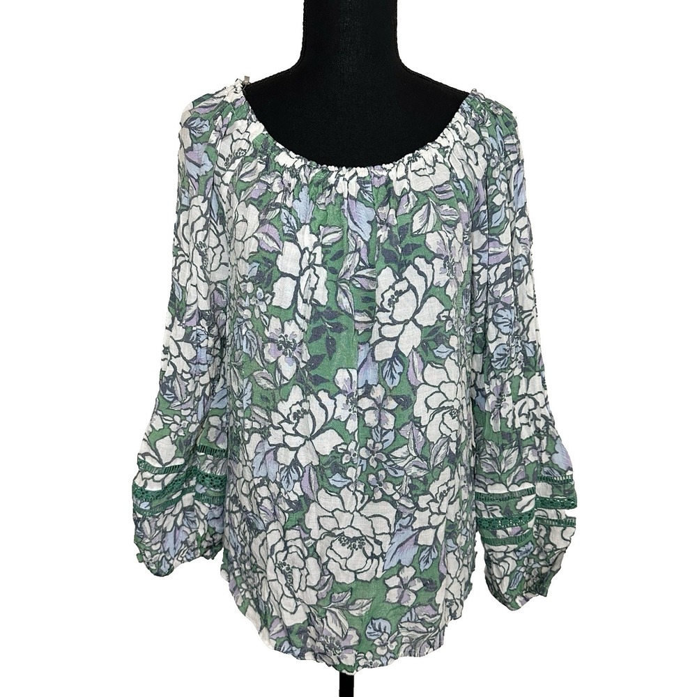 Hope & Harlow Women's LARGE Green Floral Peasant Boho Blouse‎ Fairy Cottage